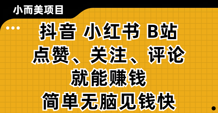 小而美的项目，抖音、小红书、B站视频点赞、关注、评论就能赚钱，简单无脑立见收益！妥妥的零撸项目-西瓜网创