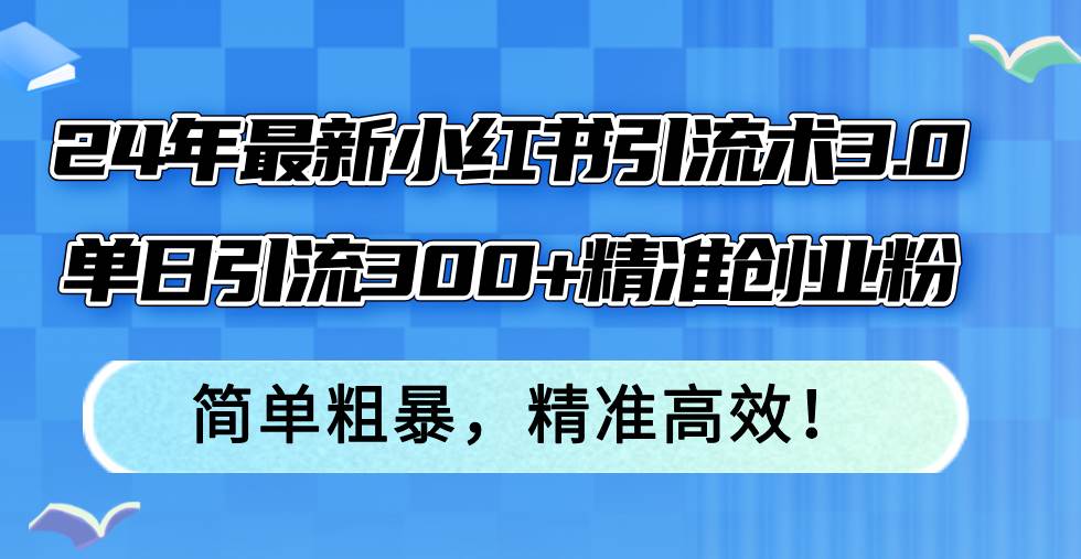 24年最新小红书引流术3.0，单日引流300+精准创业粉，简单粗暴，精准高效！-西瓜网创