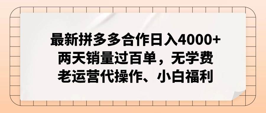 最新拼多多合作日入4000+两天销量过百单，无学费、老运营代操作、小白福利-西瓜网创