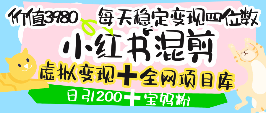 价值3980的小红书混剪， 虚拟变现 ＋全网项目库 ， 日引200+宝妈创业粉，每天稳定四位数变现-西瓜网创