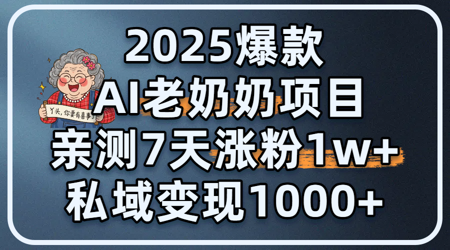 2025爆款 AI 老奶奶项目：亲测 7 天涨粉 1W+，私域变现 1000+-西瓜网创